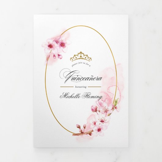 Roze lenteskers bloesem quinceañera tri-vette in drieluik uitnodiging (Cover)