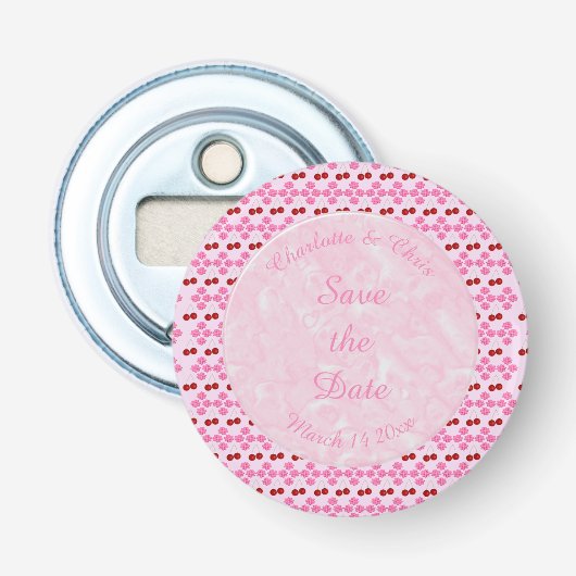 Roze lentetsenbloesem en kersen button flesopener (Voorkant)