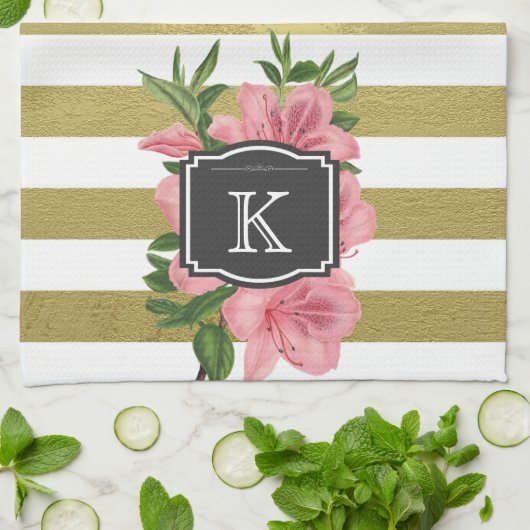 roze lenzen en stripes monogram Initiaal Theedoek (Gevouwen)