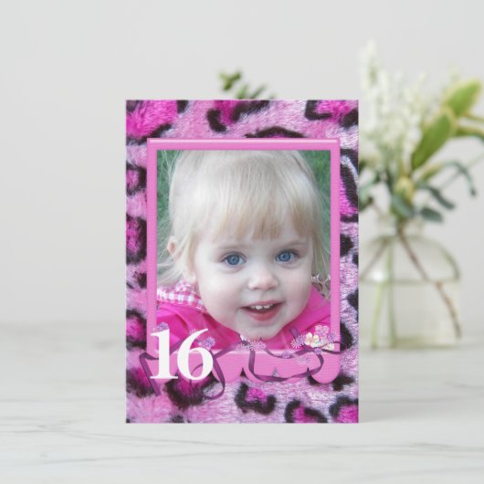 Roze Leopard Bont 16e Verjaardag Kaart (Staand voorkant)