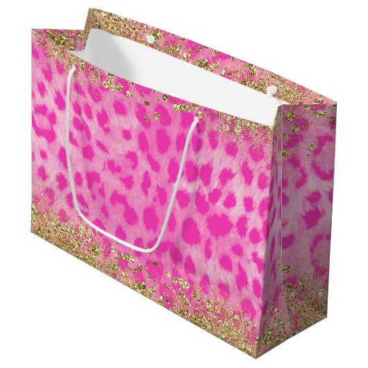 Roze Leopard Cheetah Animal Glitter Trendy Large Cadeautasje (Voorkant Gekanteld)