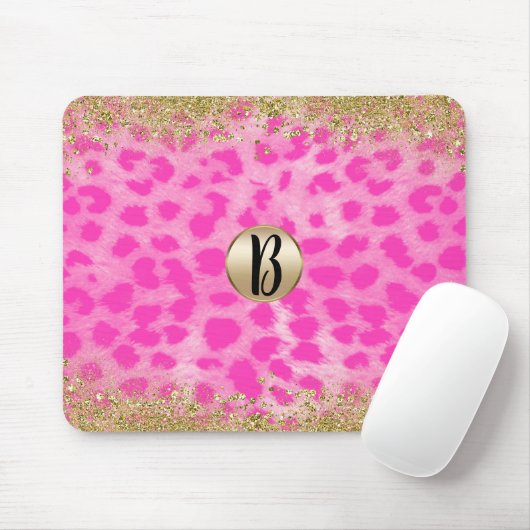 Roze leopard Cheetah Animal Gold Glitter Monogram Muismat (Met muis)