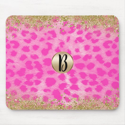 Roze leopard Cheetah Animal Gold Glitter Monogram Muismat (Voorkant)