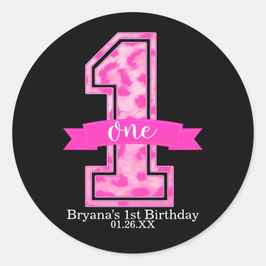 Roze Leopard Cheetah Print Een 1e Verjaardagsfeest Ronde Sticker (Voorkant)