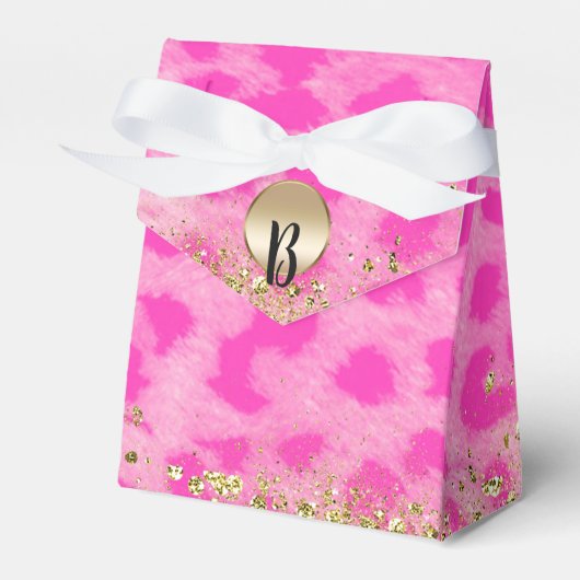 Roze leopard Cheetah print Gold Glitter Monogram Bedankdoosjes (Voorkant Zijde)