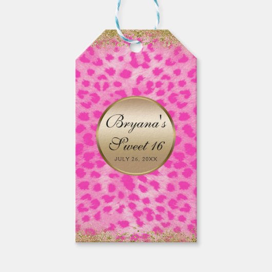 Roze leopard Cheetah print Gold Glitter Monogram Cadeaulabel (Voorkant)