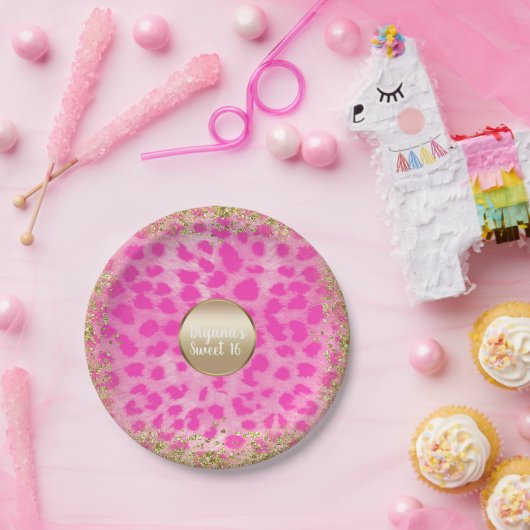 Roze leopard Cheetah print Gold Glitter Monogram Papieren Bordje (Feest)