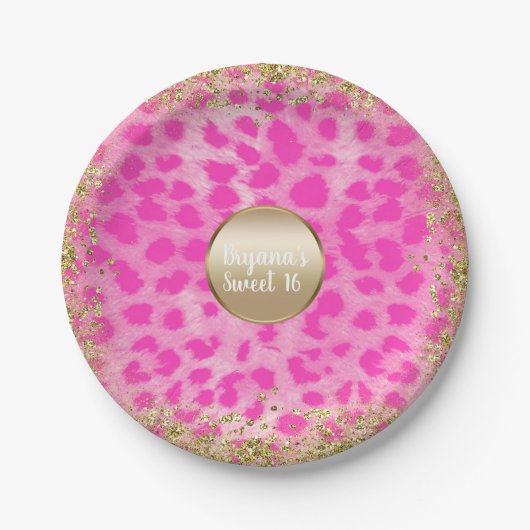 Roze leopard Cheetah print Gold Glitter Monogram Papieren Bordje (Voorkant)