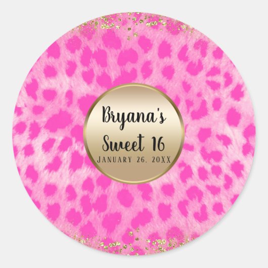 Roze leopard Cheetah print Gold Glitter Monogram Ronde Sticker (Voorkant)