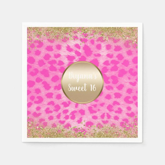 Roze leopard Cheetah print Gold Glitter Monogram Servet (Voorkant)