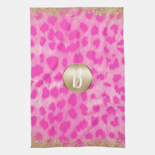 Roze leopard Cheetah print Gold Glitter Monogram Theedoek