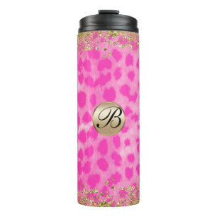 Roze leopard Cheetah print Gold Glitter Monogram Thermosbeker