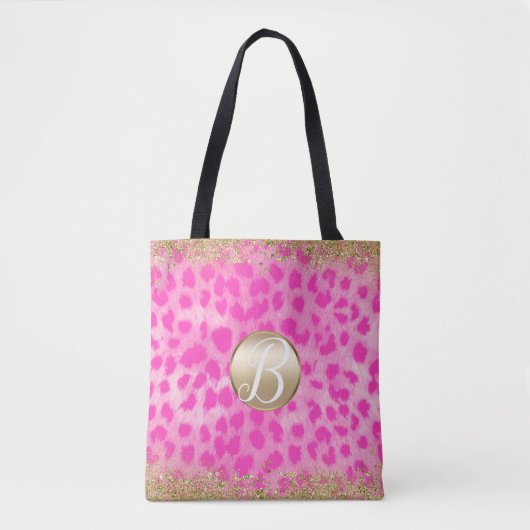 Roze leopard Cheetah print Gold Glitter Monogram Tote Bag (Voorkant)