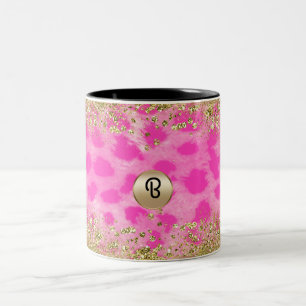 Roze leopard Cheetah print Gold Glitter Monogram Tweekleurige Koffiemok