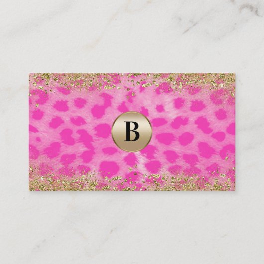 Roze leopard Cheetah print Gold Glitter Monogram Visitekaartje (Voorkant)