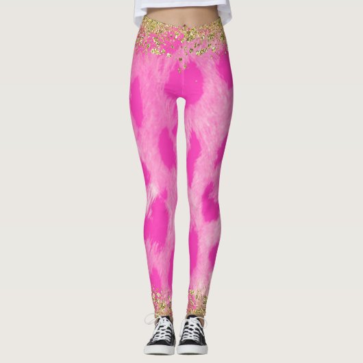 Roze leopard Cheetah print Gold Glitter Trendy Leggings (Voorkant)