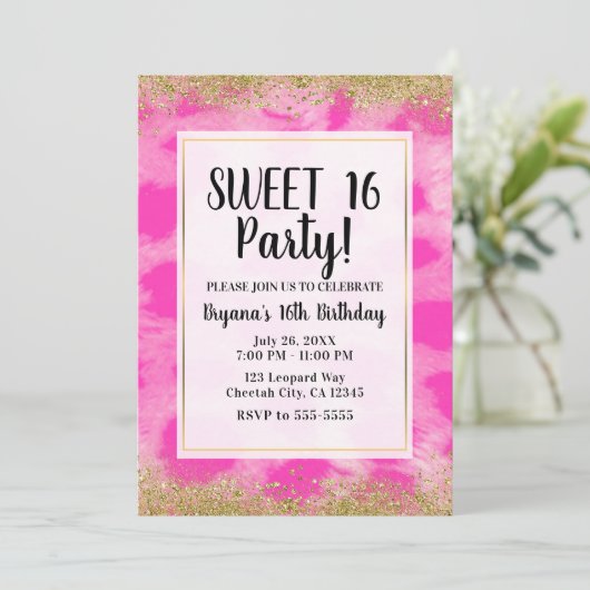 Roze Leopard Cheetah Print Gouden Glitter Party Kaart (Staand voorkant)