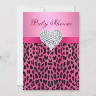 Roze Leopard Diamond Heart Baby shower Uitnodiging