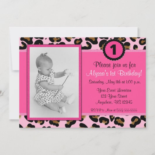 Roze Leopard Foto Birthday Uitnodiging (Voorkant)