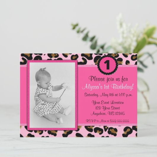 Roze Leopard Foto Birthday Uitnodiging (Staand voorkant)