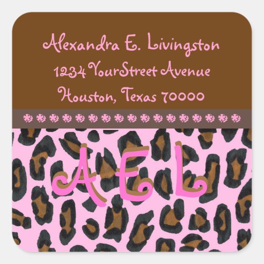 Roze Leopard Fur Adresetiketten Vierkante Sticker (Voorkant)