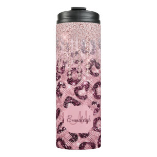 Roze leopard Glitter Diamond Drip Monogram Thermal Thermosbeker
