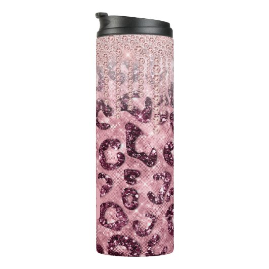 Roze leopard Glitter Diamond Drip Monogram Thermal Thermosbeker (Geroteerd rechts)