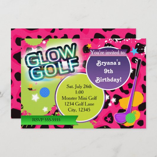 Roze Leopard Glow Golf Golfen Party Uitnodigingen (Voorkant / Achterkant)