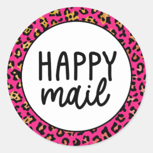 Roze Leopard Happy Mail Ronde Sticker