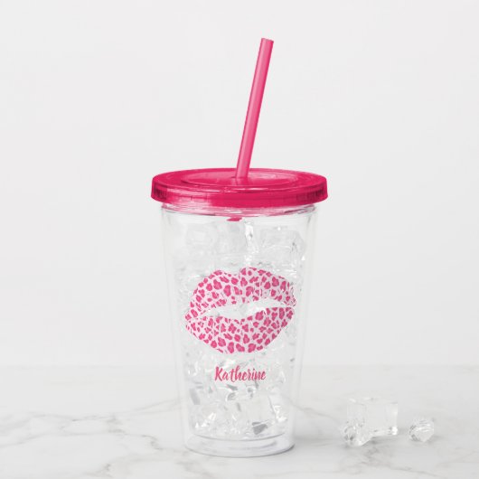 Roze Leopard Kiss - gepersonaliseerd Acryl Drinkbeker (Achterkant ijs)