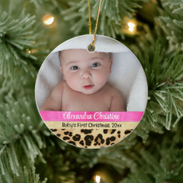 Roze Leopard Meisje Baby Eerste Kerstmis Foto Keramisch Ornament