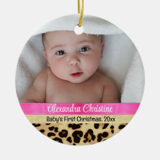 Roze Leopard Meisje Baby Eerste Kerstmis Foto Keramisch Ornament (Voorkant)