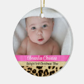 Roze Leopard Meisje Baby Eerste Kerstmis Foto Keramisch Ornament (Links)