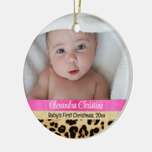 Roze Leopard Meisje Baby Eerste Kerstmis Foto Keramisch Ornament (Links)
