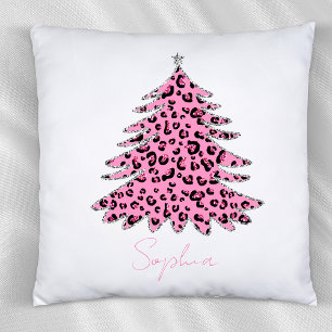 Roze Leopard Patroon Kerstboom Aangepaste naam Kussen