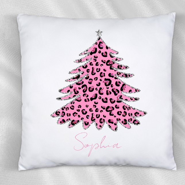 Roze Leopard Patroon Kerstboom Aangepaste naam Kussen (Creator heeft geüpload)