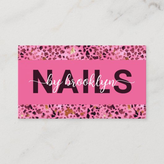 Roze Leopard Print Gouden Folie QR Code Nail Tech Visitekaartje (Voorkant)