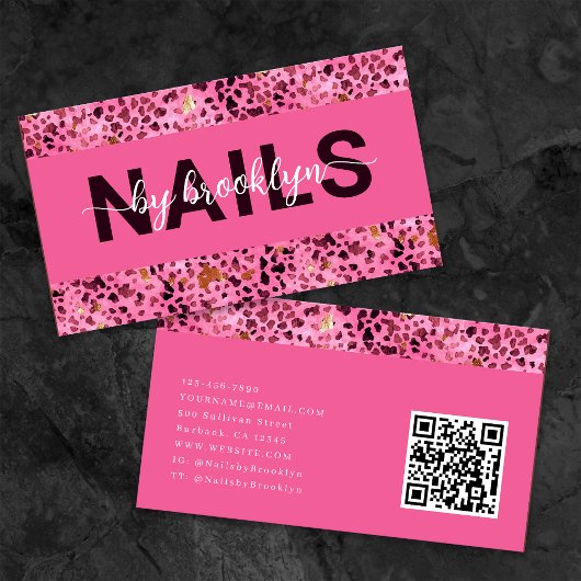 Roze Leopard Print Gouden Folie QR Code Nail Tech Visitekaartje
