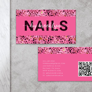 Roze Leopard Print Gouden Folie QR Code Nail Tech Visitekaartje