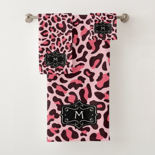 Roze leopard Print Monogram handdoekset Bad Handdoek (Insitu)