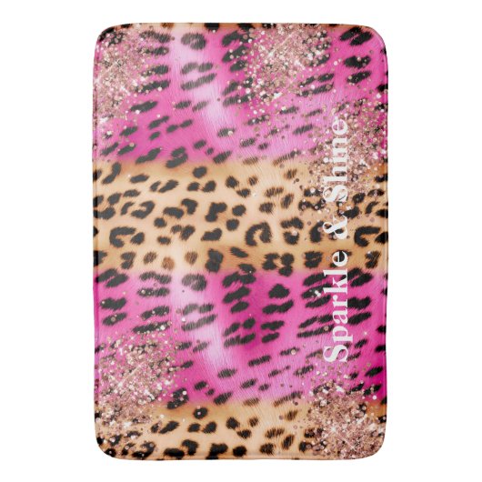 Roze Leopard Print Roos Gouden Glitzy Glitter Badmat (Voorkant Verticaal)