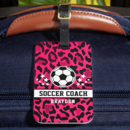 Roze Leopard Print Voetbal coach naam Bagagelabel