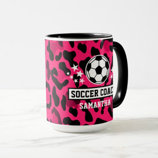 Roze Leopard Print Voetbal coach naam Mok (Voorkant rechts)