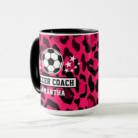 Roze Leopard Print Voetbal coach naam Mok (Voorkant links)