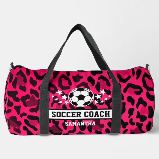 Roze Leopard Print Voetbal coach naam Plunjezak (Voorkant)