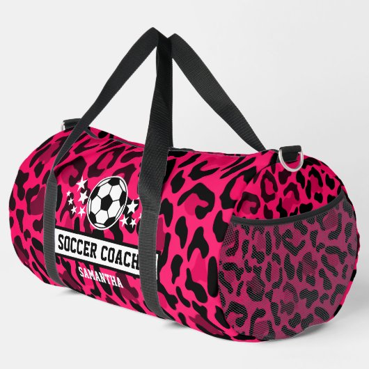 Roze Leopard Print Voetbal coach naam Plunjezak (Rechterhoek)