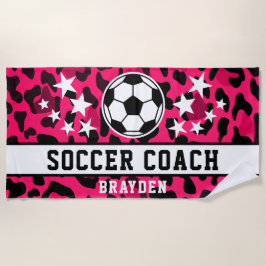 Roze Leopard Print Voetbal coach naam Strandlaken