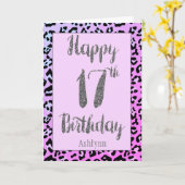 Roze Leopard Silver Glitter 17e Verjaardag Kaart (Gele Bloem)
