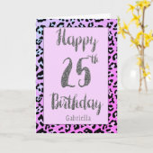 Roze Leopard Silver Glitter 25e Verjaardag Kaart (Gele Bloem)