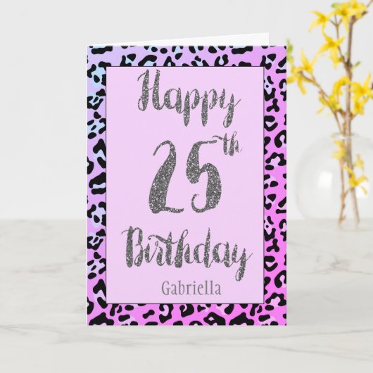Roze Leopard Silver Glitter 25e Verjaardag Kaart (Gele Bloem)